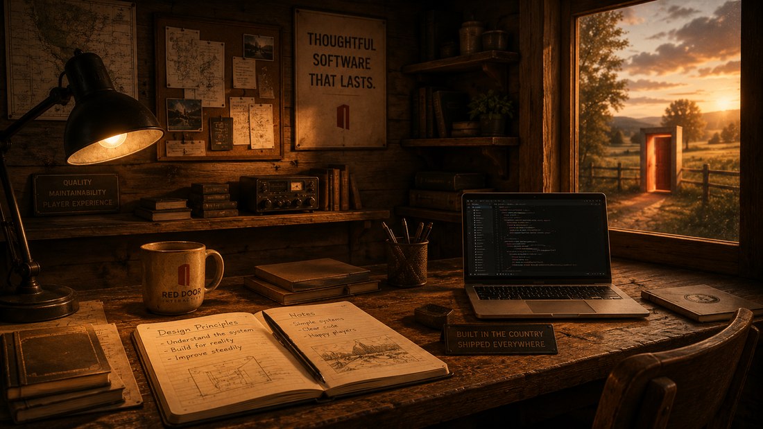 A cabin workshop at dusk: a lamp over an open notebook and laptop, pinned maps and a Thoughtful software that lasts sign, with the red door visible through the window.