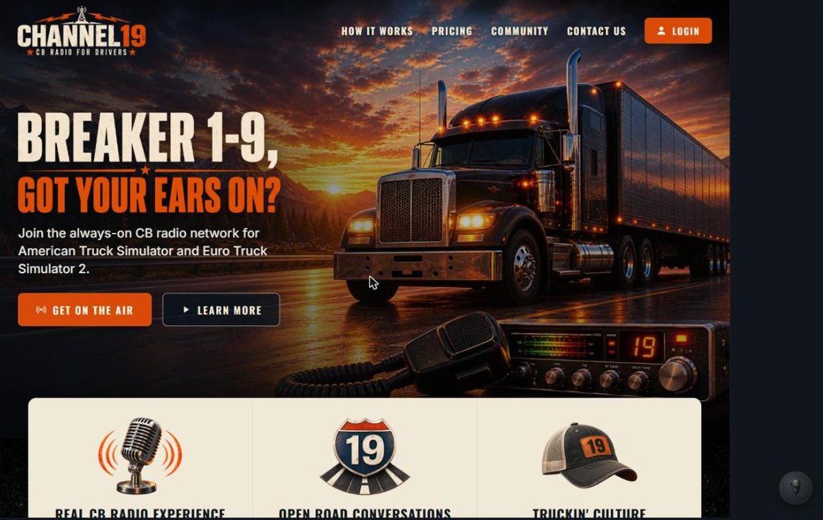 The Channel 19 website: a truck at sunset behind the headline Breaker 1-9, got your ears on?, with sign-up buttons.